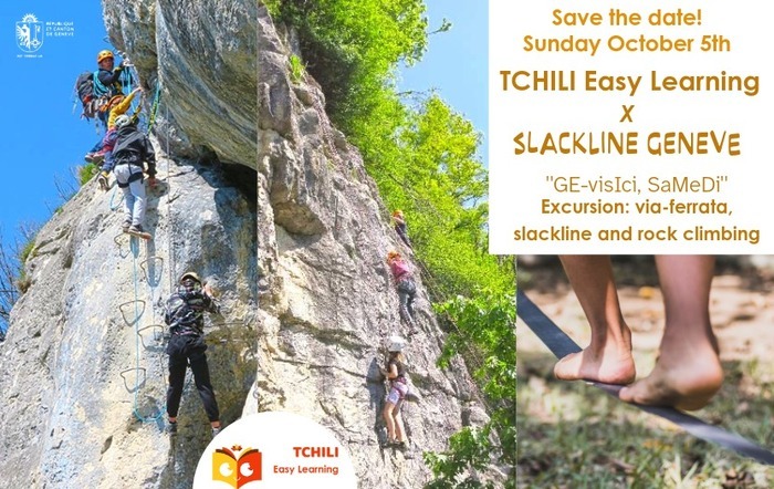 p1 du flyer représentant des enfants et jeunes qui évoluent en via, qui grimpent sur du rocher et les pieds d'un enfant qui avance sur une slackline