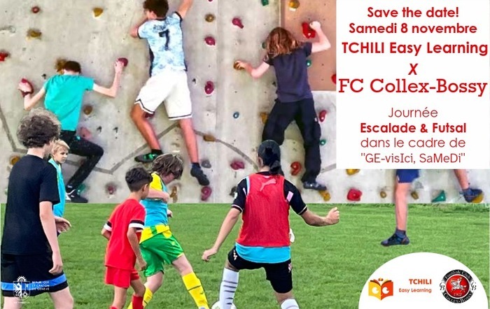 ©KB Tchili, photos de KB pour Tchili et DF pour FC-Collex-Bossy p1 du flyer représentant des enfants et jeunes qui grimpent et qui jouent au Futsal