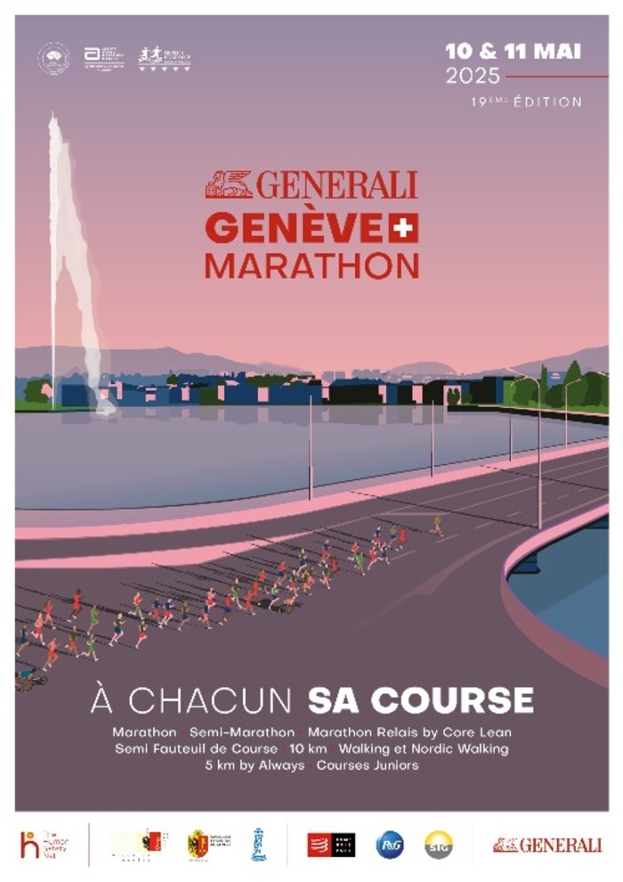 DR Sur cette image, on peut voir le titre de l'événement, les partenaires, ainsi que les dates. On y aperçoit le Jet d'eau de Genève, les montagnes entourant la ville, mais aussi des immeubles. Sur le pont, en bas de l'image, une foule de coureurs est visible. La course se déroule au coucher du soleil. Le titre, 'À chacun sa course', accompagne les huit circuits possibles mentionnés en bas de la page. Enfin, tout en bas de l'image, on retrouve les partenaires de l'événement.