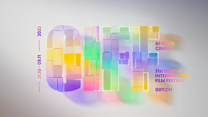 L’affiche annonce la 31ᵉ édition du Geneva International Film Festival. Le festival se déroulera du 31 octobre au 9 novembre 2025. Le mot "GIFF" est écrit en grand au centre, en lettres capitales. Ces lettres sont composées de blocs translucides aux couleurs pastel et dégradées. On y retrouve des teintes vives comme le jaune, le violet, le vert, le rose et le bleu. Les blocs sont décorés de motifs géométriques discrets, donnant un style digital et contemporain.
L’arrière-plan est gris clair, ce…