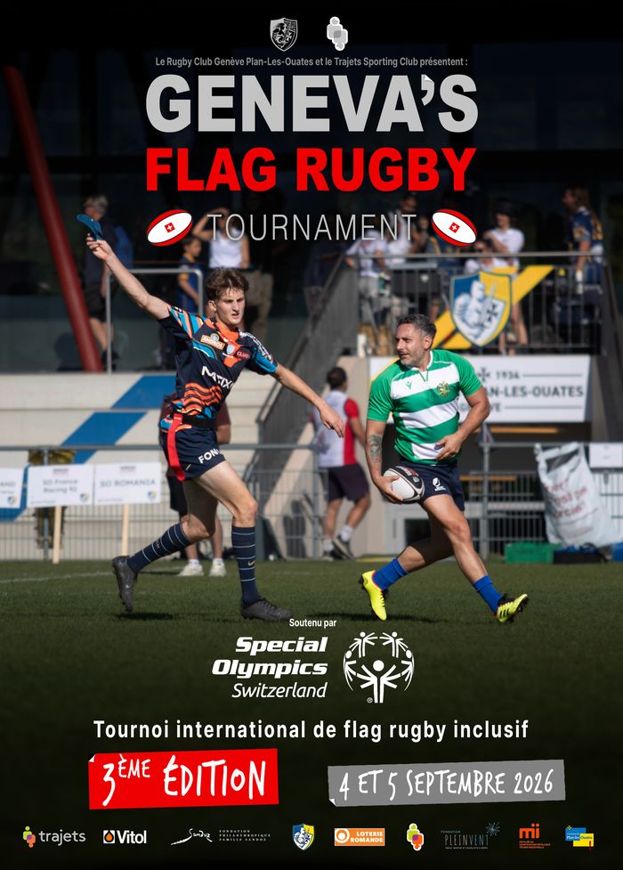 l'affiche du tournoi de flag rugby avec un joueur Français et un joueur Roumain en pleine action.
