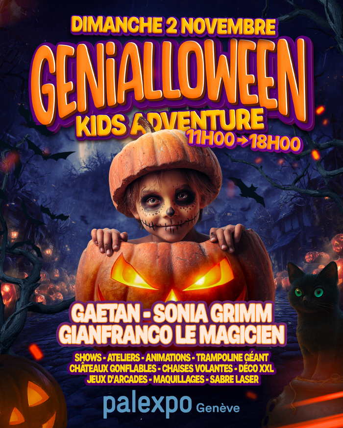 village du soir C’est une affiche promotionnelle colorée pour un événement Halloween destiné aux enfants.
En haut, en violet et orange vif :
« Dimanche 2 Novembre »
« GENIALLOWEEN » (le nom de l’événement, en très grand)
« Kids Adventure »
Avec l’horaire indiqué : 11h00 → 18h00.
L’arrière-plan montre une ambiance Halloween nocturne avec citrouilles lumineuses, chauves-souris, arbres tordus et un ciel sombre.
Au centre, un enfant maquillé en squelette sortant d’une énorme citrouille sculptée en lanterne. À…