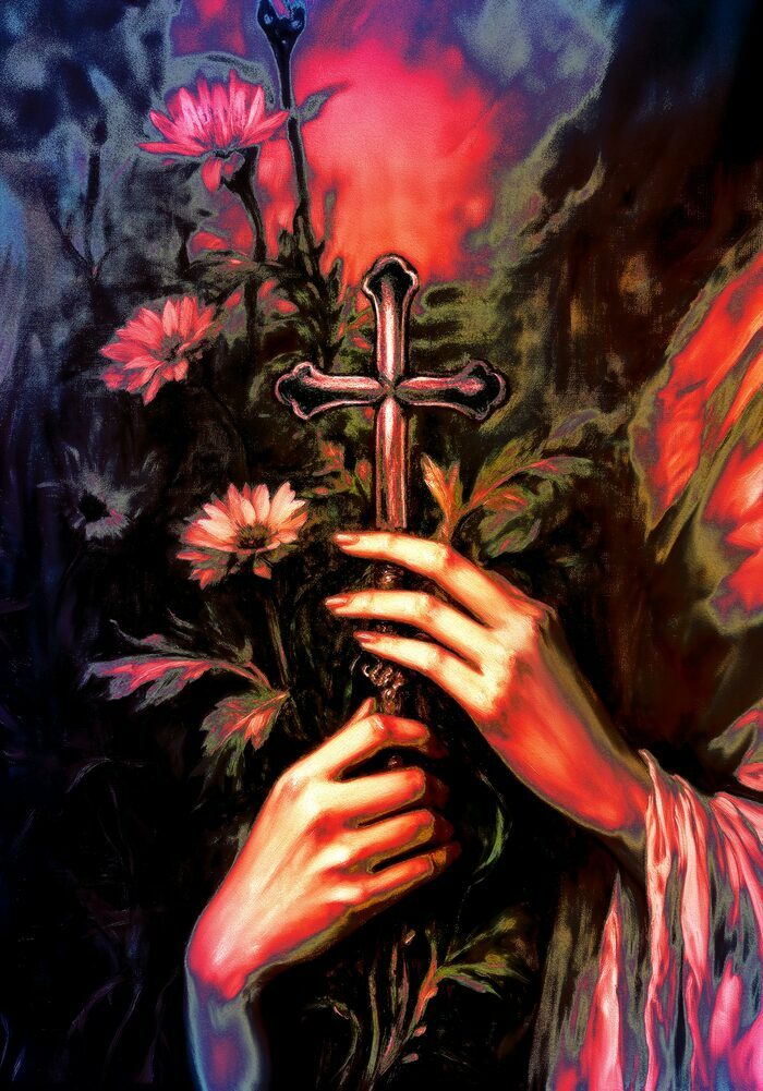 Des mains de femme tenant une croix sur fond floral