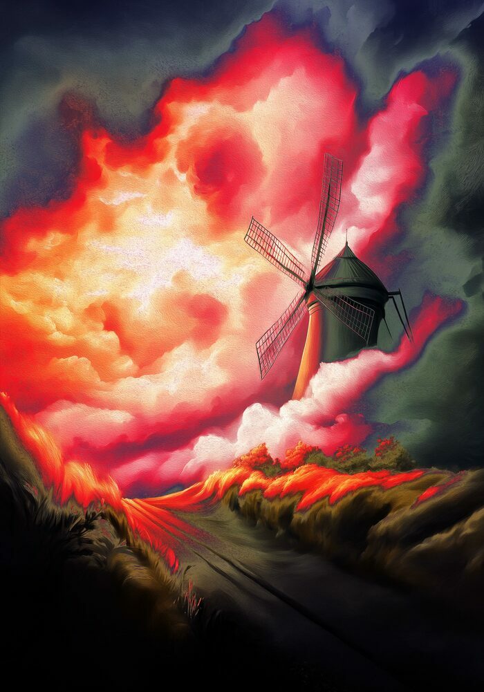 Un moulin dans la campagne, sur un fond de ciel orageux mais qui laisse apparaître un début de soleil et sa lumière