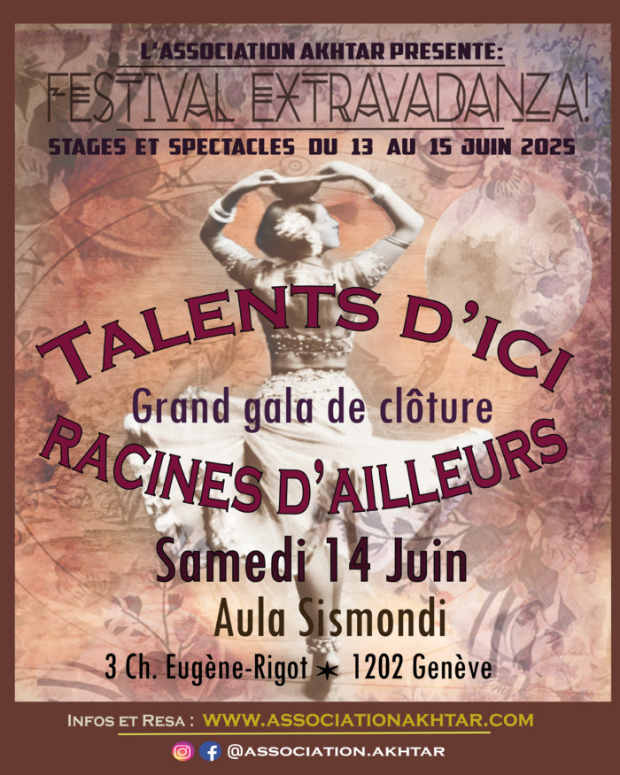 C.Fraiz Affiche de promotion du festival Extravadanza! 2025, met en scène la danseuse du 20e siècle Ruth St Denis sur un fond orangé. L'affiche indique que des stages et un spectacle sont proposés du 13 au 15 Juin.
