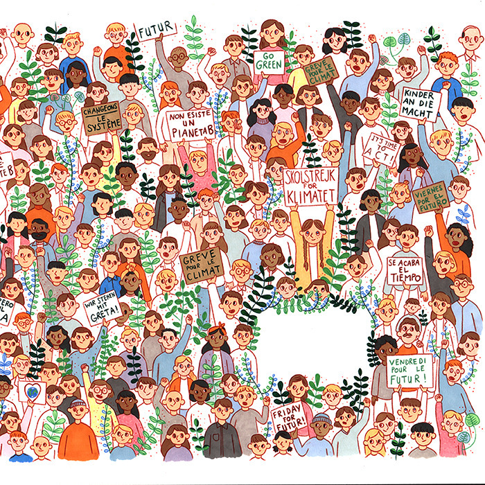 une illustration qui représente une foule, des personnes qui manifestent