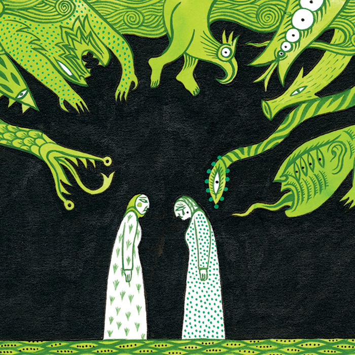 une illustration en couleur et papier découpé qui représente 4 oiseaux de différentes couleurs, sur une branche d'arbre