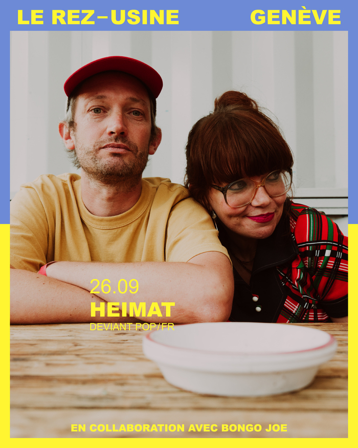 Le Rez-Usine Affiche en couleurs du concert de Heimat avec un portrait du groupe et la mention de la date, le 26 septembre 2025.