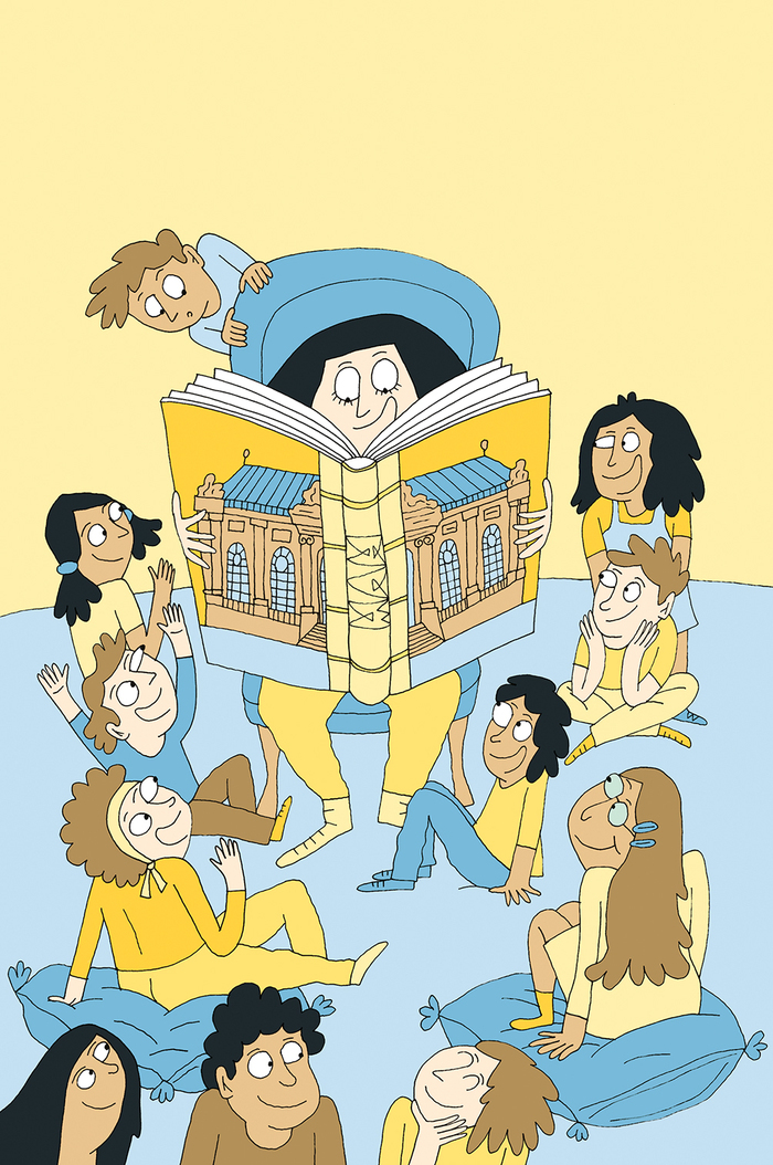 ©MAH Illustration d'Adrienne Barman représentant un groupe d'enfants assis écoutant une histoire