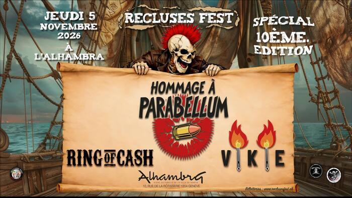 Visuel de la 10ème édition de Recluses Fest avec un squelette à crête de punk qui tient une bannière avec les noms des artistes qui se produiront sur scène