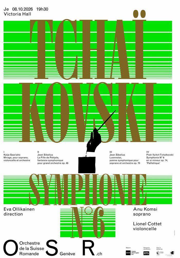Affiche de la soirée blanc et ligne verte avec l'OSR et l'Artiste invitée: Anu Komsi, soprano