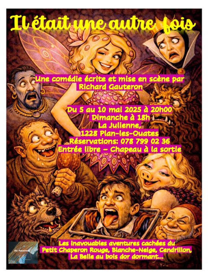 fée blonde entourée de personnages de contes de fées, loup, ogre, nains, bête