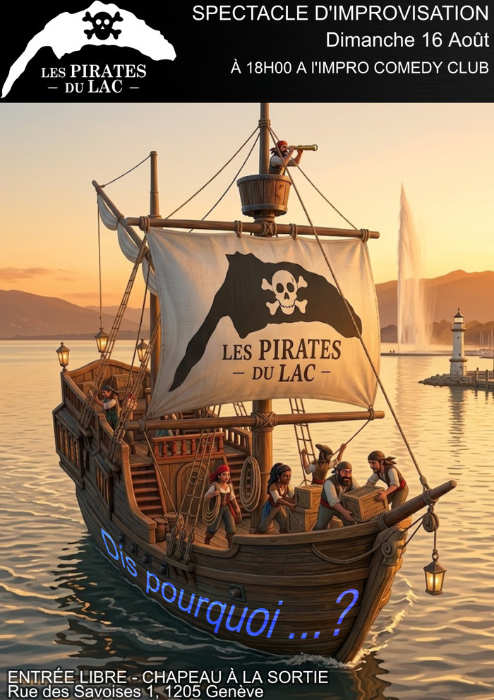 Affiche de spectacle montrant un équipage de Pirates sur leur navire naviguant sur le lac Léman. Le logo des pirates du lac en grand sur la voile. Le titre "Dis pourquoi... ?" est écrit en grand.