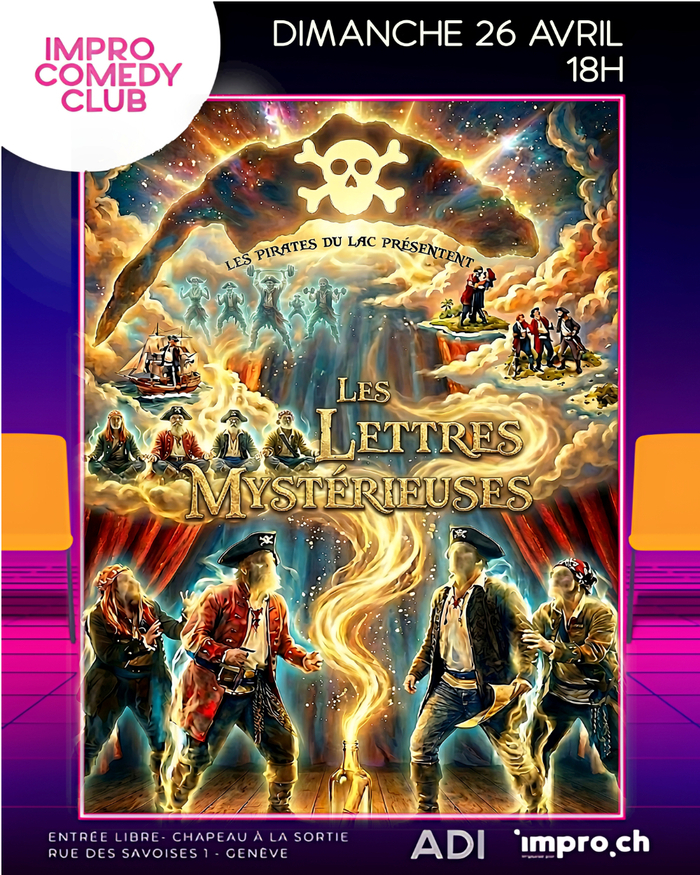 Affiche du spectacle d'improvisation « Les Pirates du Lac présentent : Les Lettres Mystérieuses ». Au centre d'une scène de théâtre, une bouteille en verre contient un vieux parchemin. Un nuage de lumière magique s'en échappe et s'élève vers le haut de l'image, révélant plusieurs scènes de voyage suggérées. Quatre silhouettes de pirates sans visage entourent la composition. Le titre est écrit en lettres stylisées au centre.