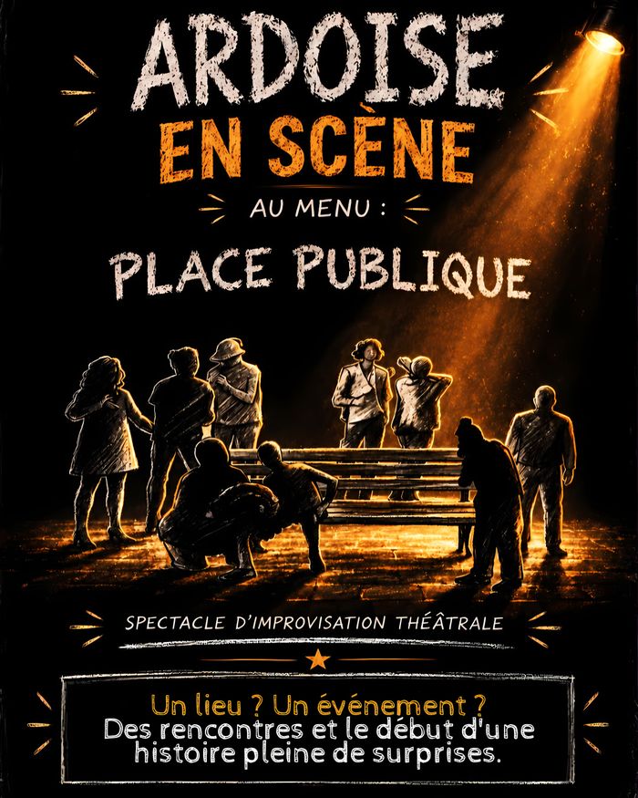 Affiche de spectacle sur fond noir texturé ardoise. En haut, le nom de la troupe « Ardoise en Scène » est écrit en grosses lettres texturées blanches et ocres à la craie. Au centre, le titre « Au menu : Place Publique » surmonte une scène de nuit où un groupe d'une dizaine de personnages en silhouette se croisent et discutent autour d'un banc public sur des pavés, découpés par la lumière chaude d'un projecteur situé en haut à droite. En bas, sous la mention « Spectacle d’improvisation théâtrale…