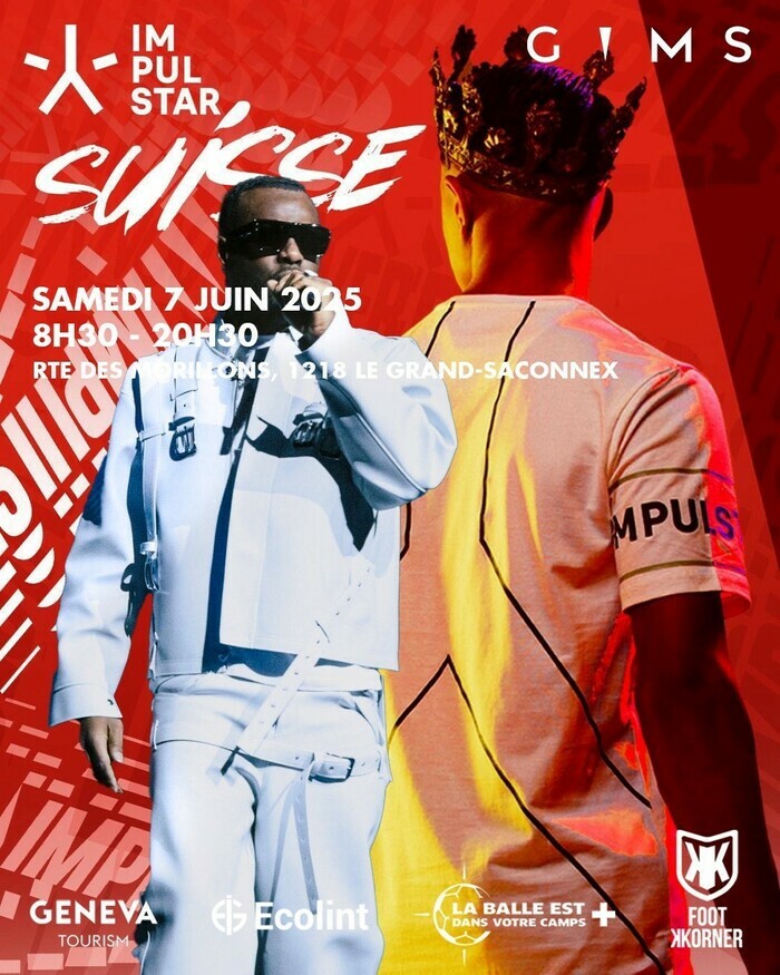 L’image est une affiche promotionnelle très colorée de l’événement Impulstar Suisse, les informations essentielles de l'événement sont marqués : date, heures et le lieu.
Le fond de l’affiche est dominé par une texture rouge dynamique avec des motifs en diagonale, créant une atmosphère énergique et urbaine.
Sur la partie gauche de l’image, on voit le chanteur GIMS (portant des lunettes de soleil noires, une veste blanche stylisée et un pantalon assorti) tenant un micro dans la main droite, en…