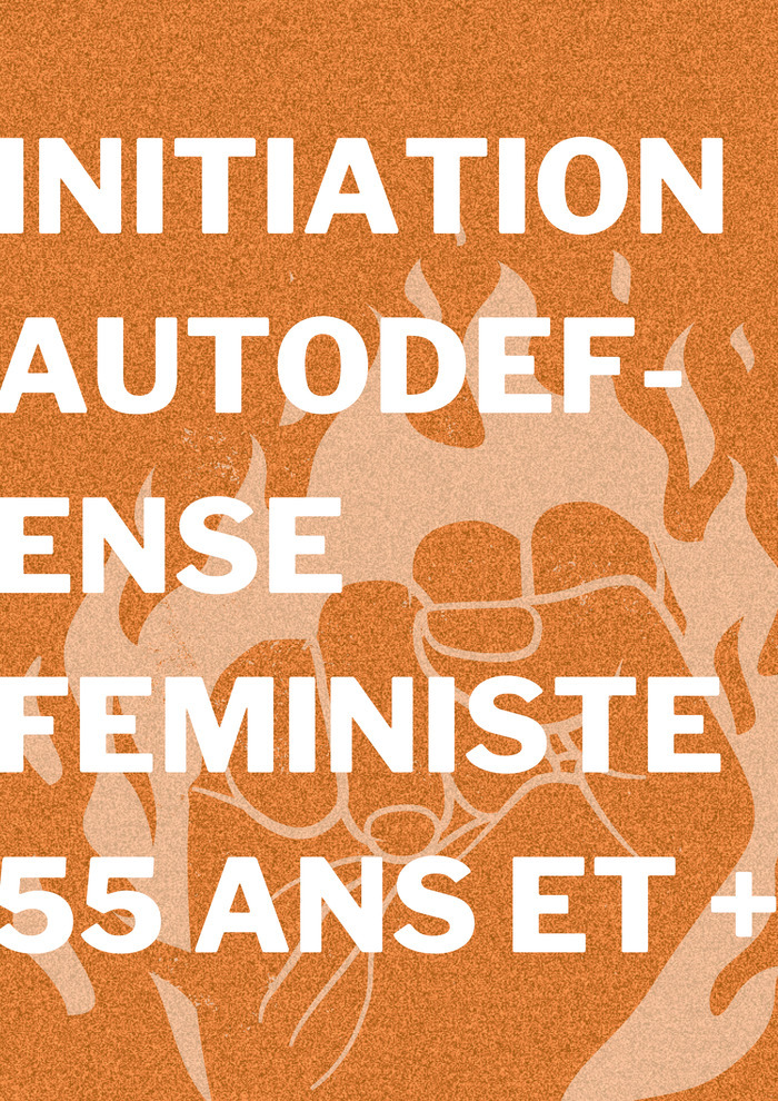 Association Viol-Secours Sur un fond orange, une main en forme de poing avec des flammes qui l'entourent. Un texte en blanc par dessus l'image indique : "Initiation autodéfense féministe 55 ans et plus".