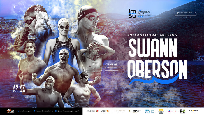 Affiche promotionnelle du 54e International Meeting Swann Oberson de natation, qui se déroulera à Genève, piscine des Vernets, du 15 au 17 mai 2026. L’image montre plusieurs nageurs de haut niveau en action, en noir et blanc, sur un fond bleu représentant l’eau et la ville de Genève. Le nom “Swann Oberson” apparaît en très grand au centre. Le logo IMSO et la mention “Approved World Aquatics” figurent en haut, ainsi que les logos des partenaires en bas de l’affiche.
