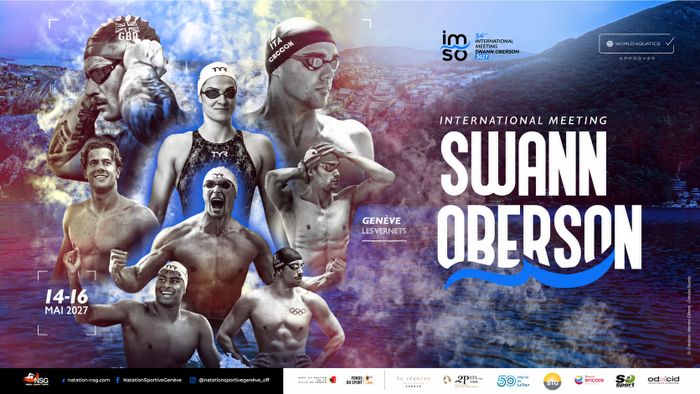 Affiche de l’IMSO : montage de nageurs sur fond de lac Léman, annonçant le Meeting international Swann Oberson du 14 au 16 mai 2027 à la piscine des Vernets, à Genève.