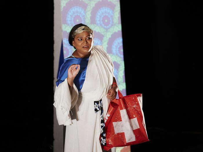 Living Smile Vidya on stage during her one-woman show