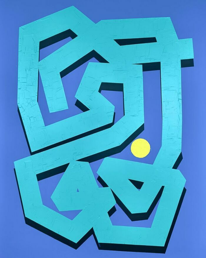 Tableau abstrait intitulé Labyrnith par Eilena Braye, réalisé en 2025. Œuvre verticale de 140 x 100 cm, peinte à l'acrylique et techniques mixtes sur toile. L’image présente un enchevêtrement complexe de formes colorées et de lignes fluides évoquant un labyrinthe organique, avec des couches de textures qui suggèrent mouvement et profondeur.