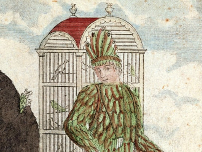 L’image illustre Papageno, l’attrapeur d’oiseaux de La Flûte enchantée de Mozart (1756–1791). On y voit un jeune homme portant une grande cage dans son dos.