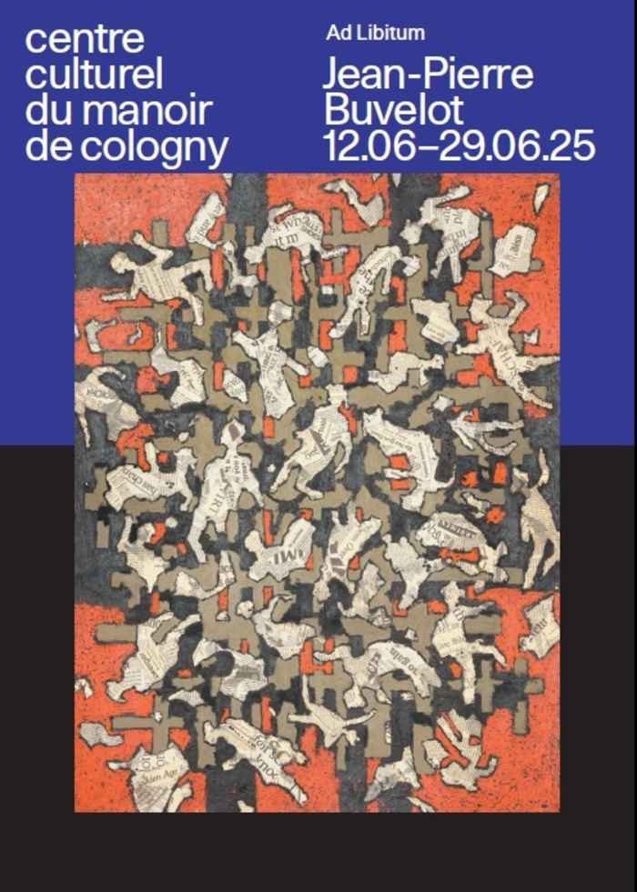 image: Ab Libitum / Jean-Pierre Buvelot Affiche de l'exposition de Jean-Pierre Buvelot au Centre culturel du Manoir: titre et durée de l'exposition, visuel d'une des oeuvres exposées occupant la majorité de l'image
