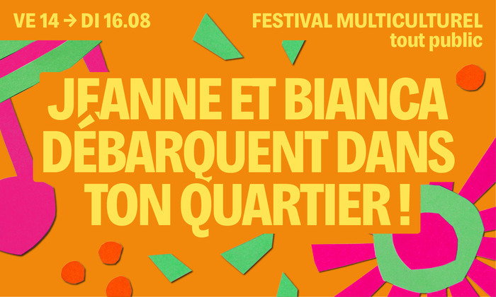 Sur fond orange on retrouve des motifs colorés et le titre écrit en jaune