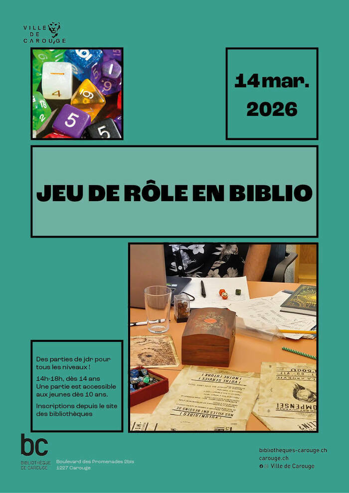 Affiche avec une photo d'une partie de jeu de rôle en cours. Sur l'image il y a différents papiers, des dès et une personne derrière son ordinateur.