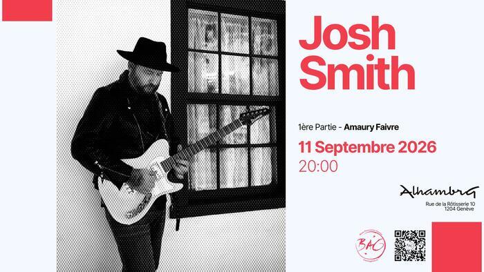 Visuel du concert avec une photo en noir et blanc de Josh Smith jouant de la guitare électrique à côté d'une fenêtre.