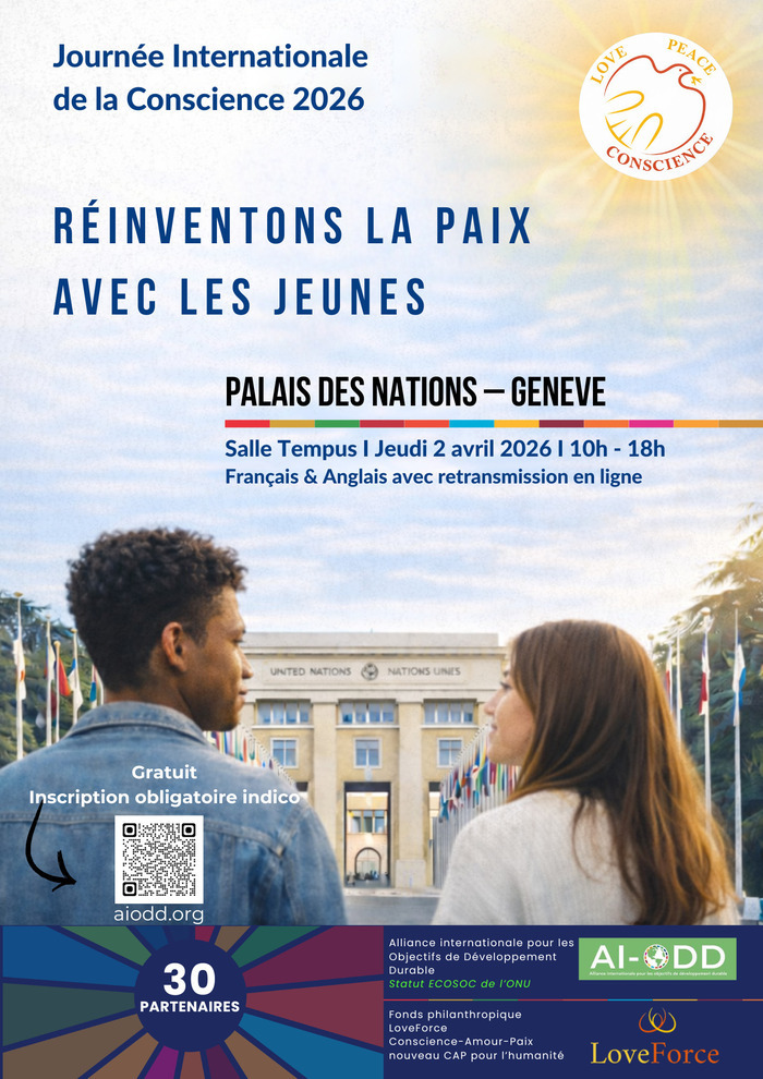 Deux jeunes devant le Palais des Nations vous invitent à cette conférence