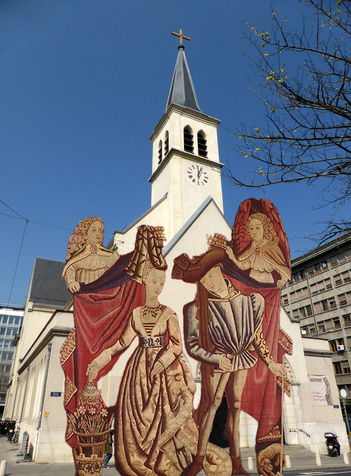 Montage d'une tapisserie ancienne représentant Anne de Lusignan devant une photo contemporaine de l'Eglise Saint-Joseph à la Place des Eaux-Vives.