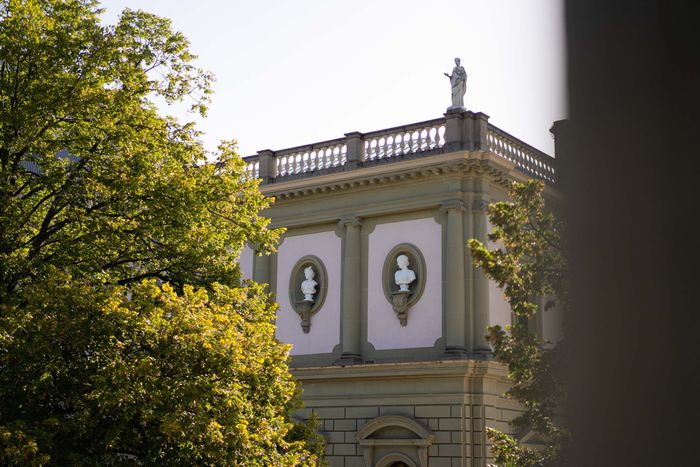 Vue le toit du musée et sur une de ses statues