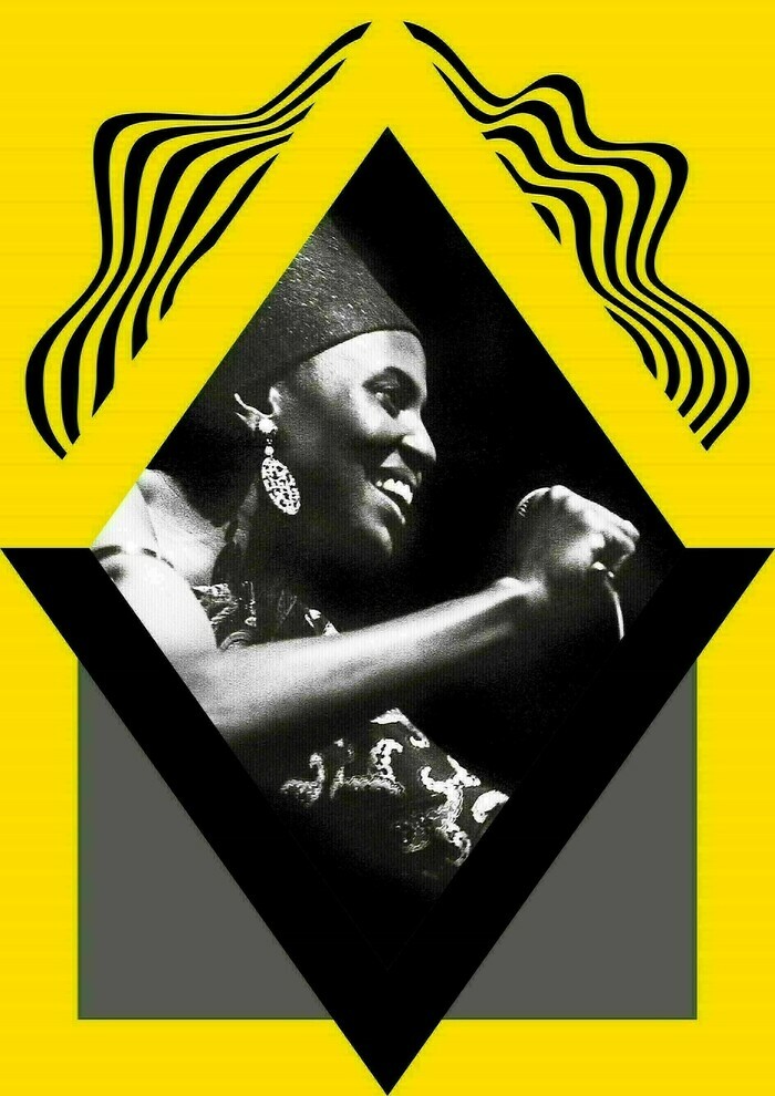 © MEG Affiche de l'exposition. Cadre jaune avec un losange. A l'intérieur du losange une photographie en noir et blanc, d'un artiste, Myriam Makeba