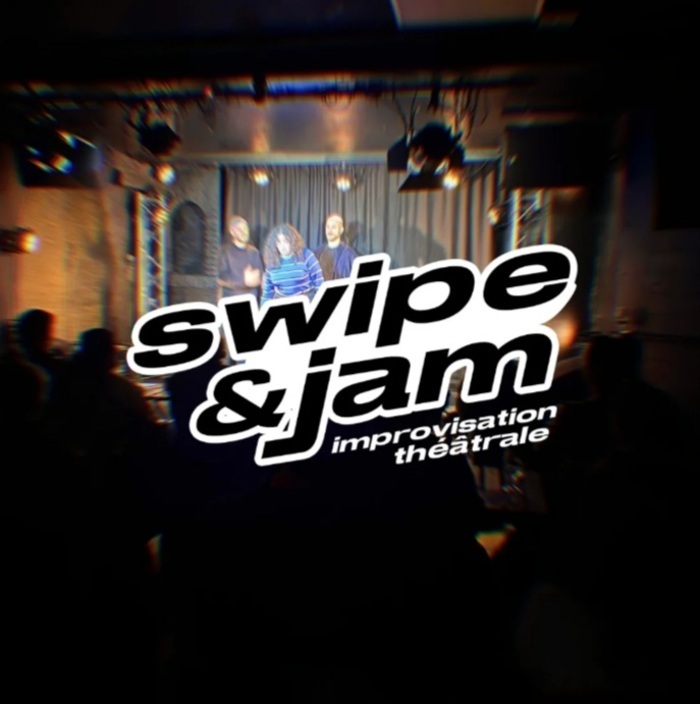 Pierre Bitchatchi Trois improvisateurs sur scène devant un public, avec le titre "Swipe&Jam : improvisation théâtrale"