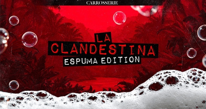Village du soir L’image est une affiche promotionnelle au design très marquant :
Couleurs dominantes : rouge vif et noir, avec des détails en blanc. Le fond est une illustration de jungle tropicale sombre, légèrement voilée pour créer une atmosphère mystérieuse.
Texte :
En haut, en petites lettres blanches : « CARROSSERIE ».
Au centre, en lettres majuscules noires et rouges dans un style graffiti ou manuscrit : « LA CLANDESTINA ». Le mot « LA » est décalé et placé légèrement au-dessus des autres lettres.
En…