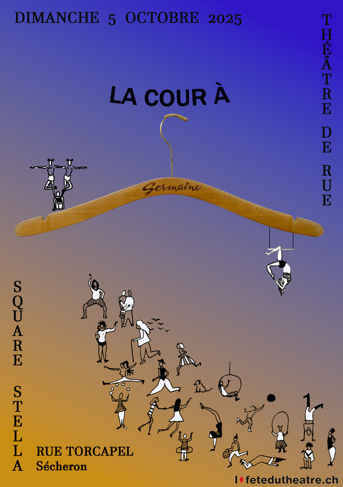 L'affiche est en couleur bleu et bronze orangé . Il y a un cintre nommé "Germaine" au centre de l'affiche et des illustrations de personnages en train de mener une action lié au cirque. Certains personnages dansent, jonglent, dansent, font des colonnes droites. L'affiche annonce l'évènement de la Cour à Germaine qui aura lieu le 5 octobre au Square Stella à Sécheron.
