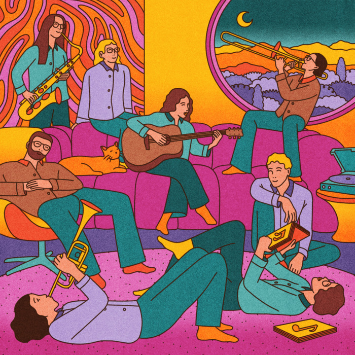 Dessin représentant la fanfare du loup dans un intérieur coloré