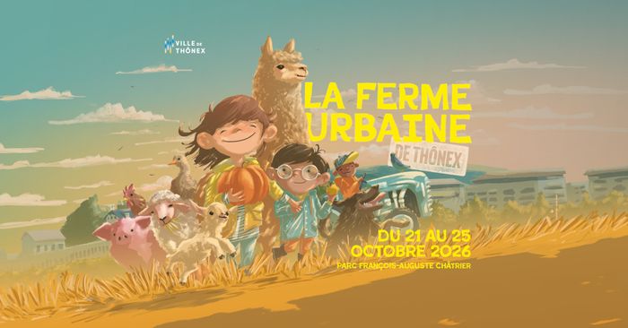 Des animaux et des enfants sont en premier plan avec de la paille au niveau des pieds et en arrière-plan, on retrouve les bâtiments de Thônex