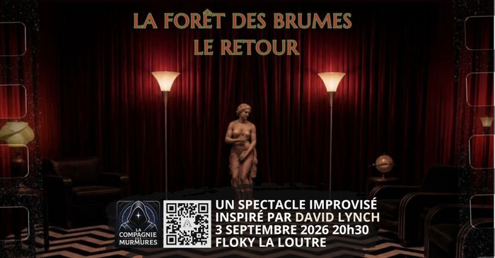 L'affiche de la Foret des Brumes : Le Retour. Une grande salle onirique avec une statue antique et deux lapes.