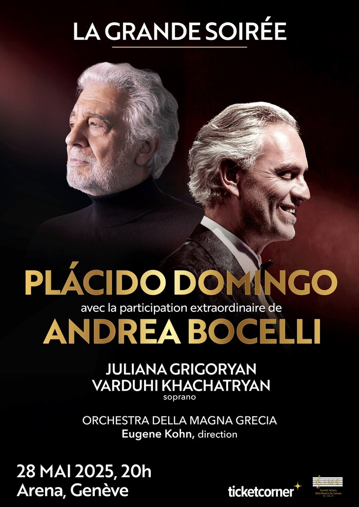 ©GenevaFestival L’image est une affiche de concert avec un fond sombre et dégradé, allant du noir au rouge profond. Deux grands portraits de célèbres chanteurs d’opéra dominent l’affiche : À gauche, le visage de Plácido Domingo, vu de profil, regardant vers la droite. À droite, le visage de Andrea Bocelli, également vu de profil, souriant, regardant vers la gauche.