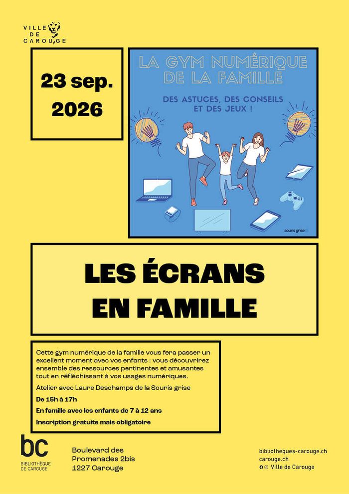Image d'une famille qui sautent entourée d'outils numériques comme des ordinateurs, des télés et des téléphones.