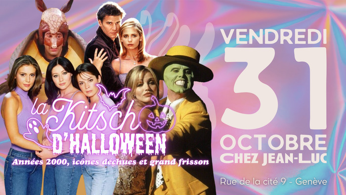 DR L’image est une affiche colorée et festive pour une soirée d’Halloween à thème kitsch.
L’arrière-plan est un dégradé irisé de couleurs pastel : rose, violet, bleu et orange, rappelant une matière brillante ou holographique.
Au centre gauche, on voit plusieurs personnages célèbres de séries et films des années 1990-2000, alignés les uns à côté des autres :
- Trois femmes vêtues de hauts violets et jeans (les sœurs d’une série magique très populaire),
- Ross Geller déguisé en grand tatou …