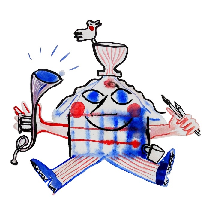 Dessin en aquarelle, en forme de bonhomme-maison tenant une tormpette et des crayons dans les mains