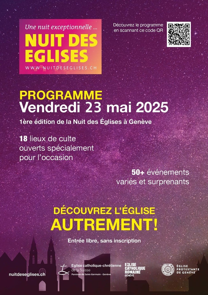 Eglise catholique romaine de Genève / Lange Nacht der Kirchen Nuit étoilée avec des bâtiments en fond, dont des églises et une cathédrale.