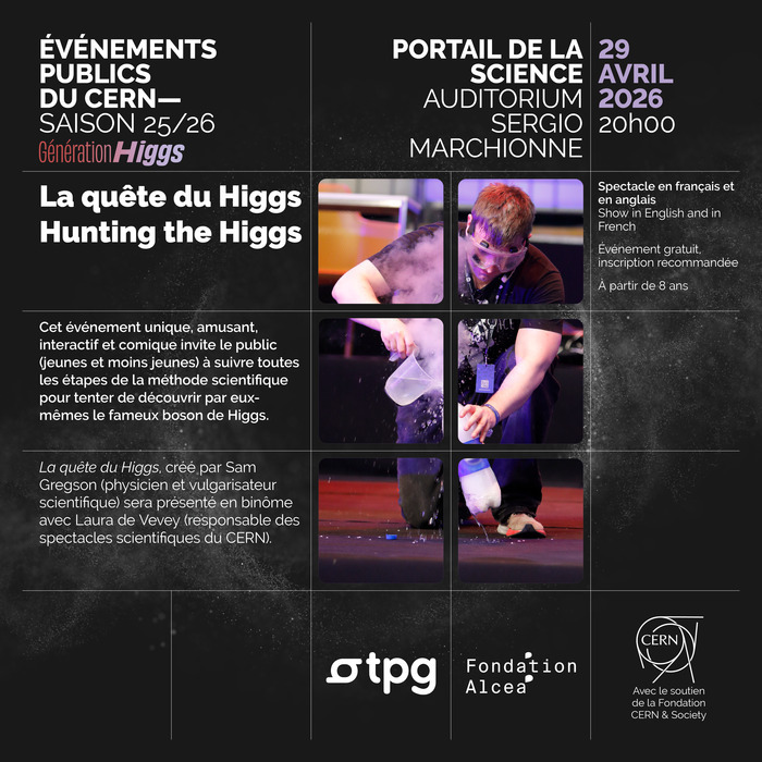 Poster for "Hunting the Higgs" event at CERN. Features images of a scientific demonstration, event details, and sponsor logos. April 29, 2026, 8 PM.