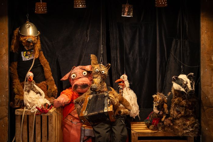 On voit les marionnettes buscornues du spectacle la zono nono, représentant de gauche à droite un chien, une poule, un cochon, un âne, une poule, des fouines et un blaireau
