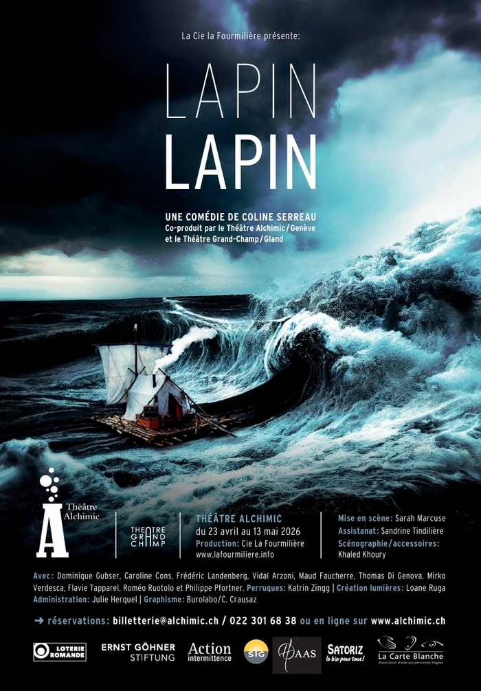 On y vois un radeau en pleine tempête ainsi que la distribution du spectacle.