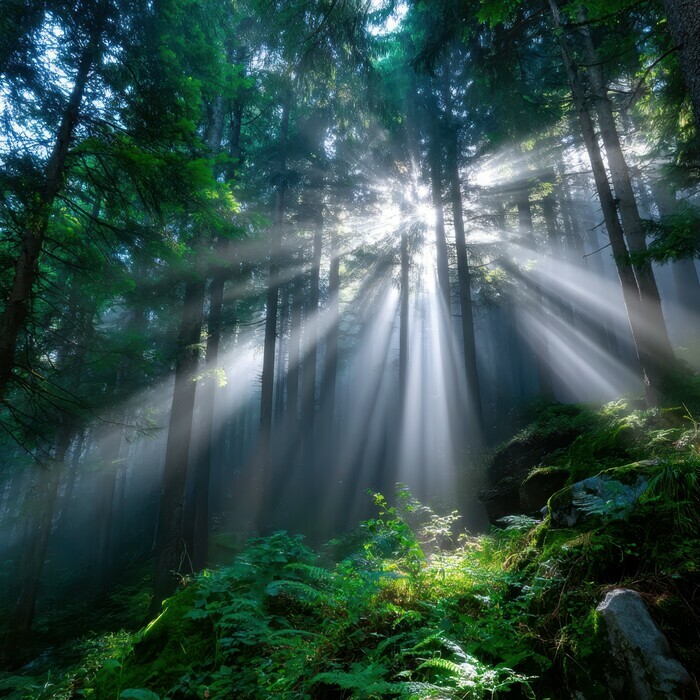 Une photo en couleur qui représente un puissant rayon de soleil qui traverse le feuillage des arbres.
