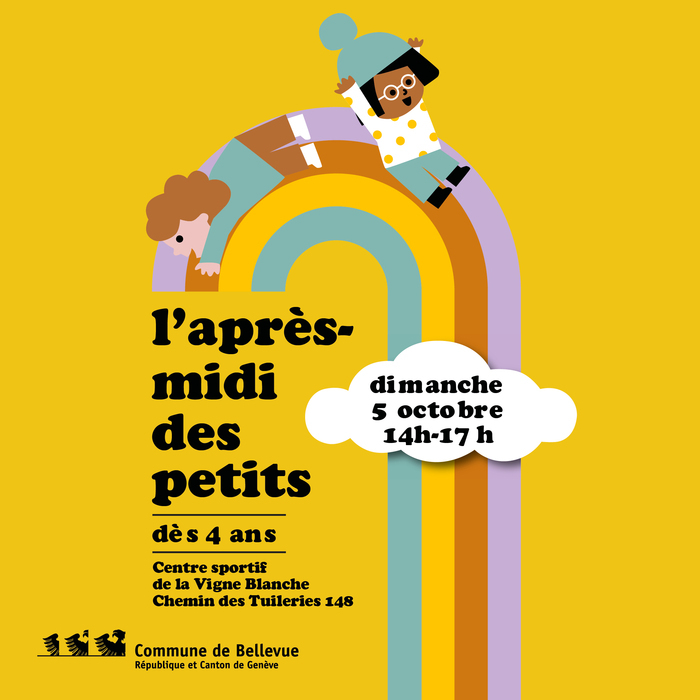 Visuel de l'après-midi des petits avec des enfants sur un arc-en-ciel